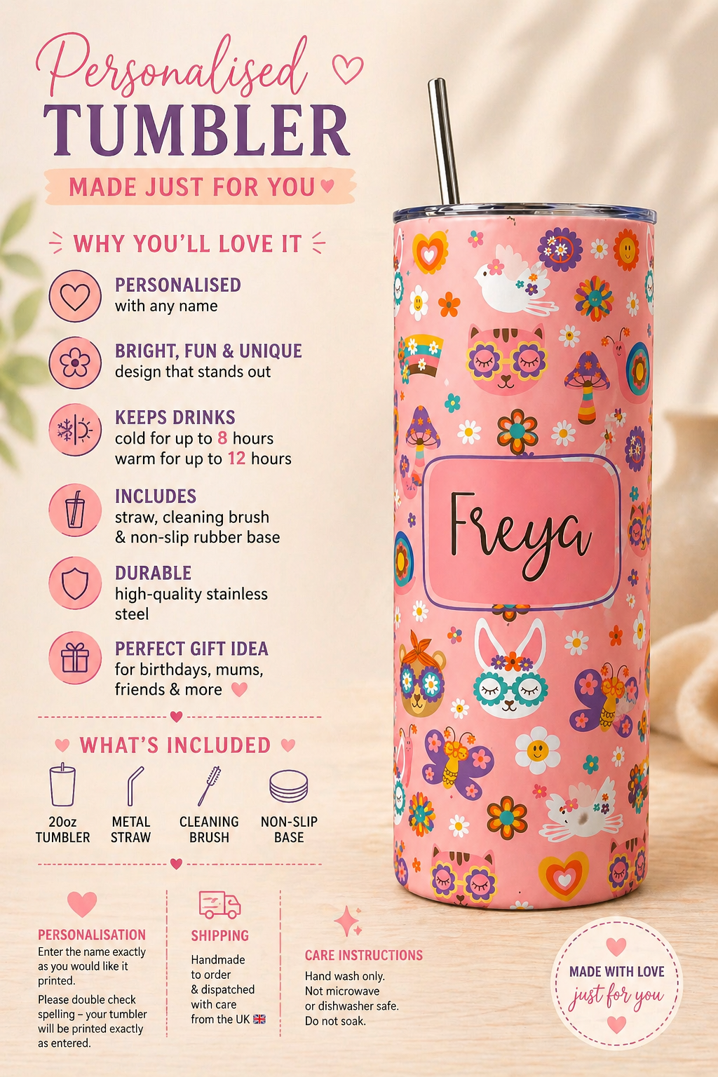 Personalised Retro Floral Tumbler | 20oz Insulated Cup