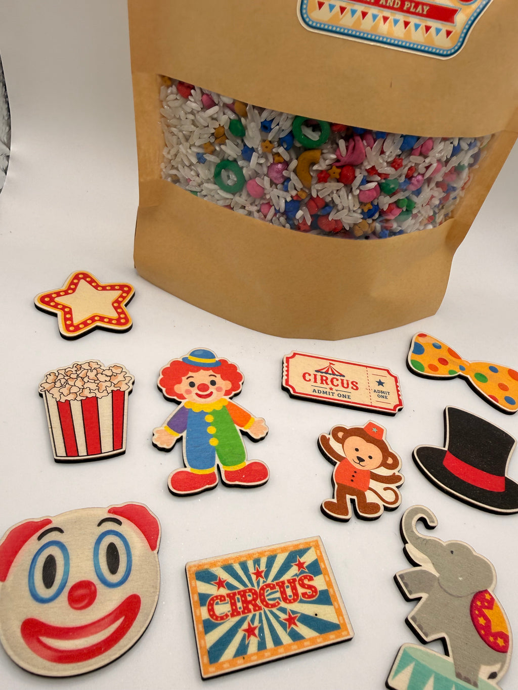 Circus Sensory Play Kit | Colourful Rice & Pasta Mix with Wooden Accessories