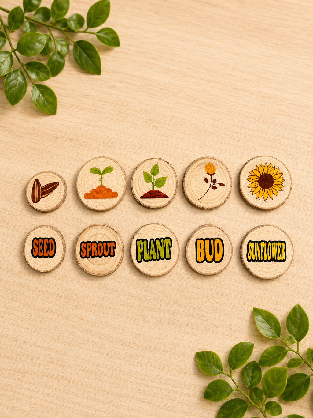 Wooden buttons with illustrations and text on a wooden background