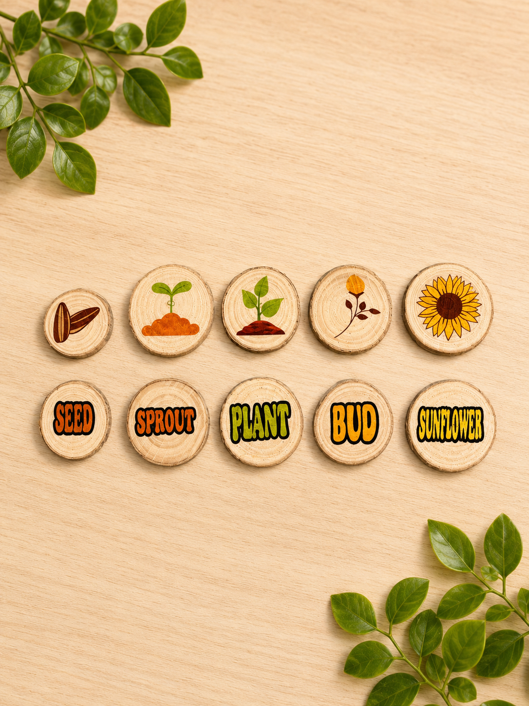 Wooden buttons with illustrations and text on a wooden background
