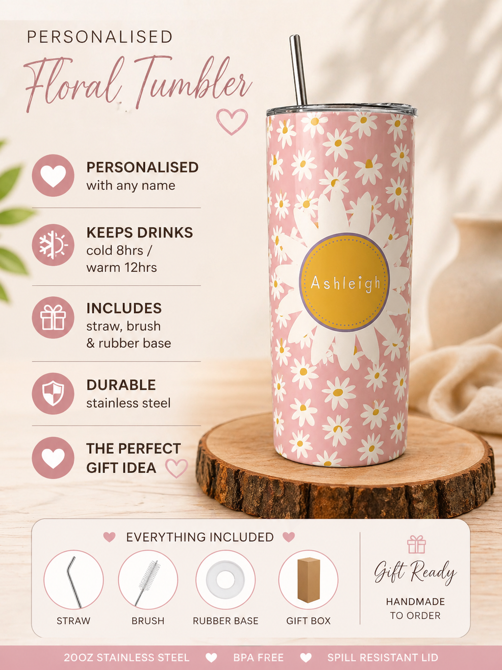 Personalised Daisy Name Tumbler | 20oz Insulated Cup
