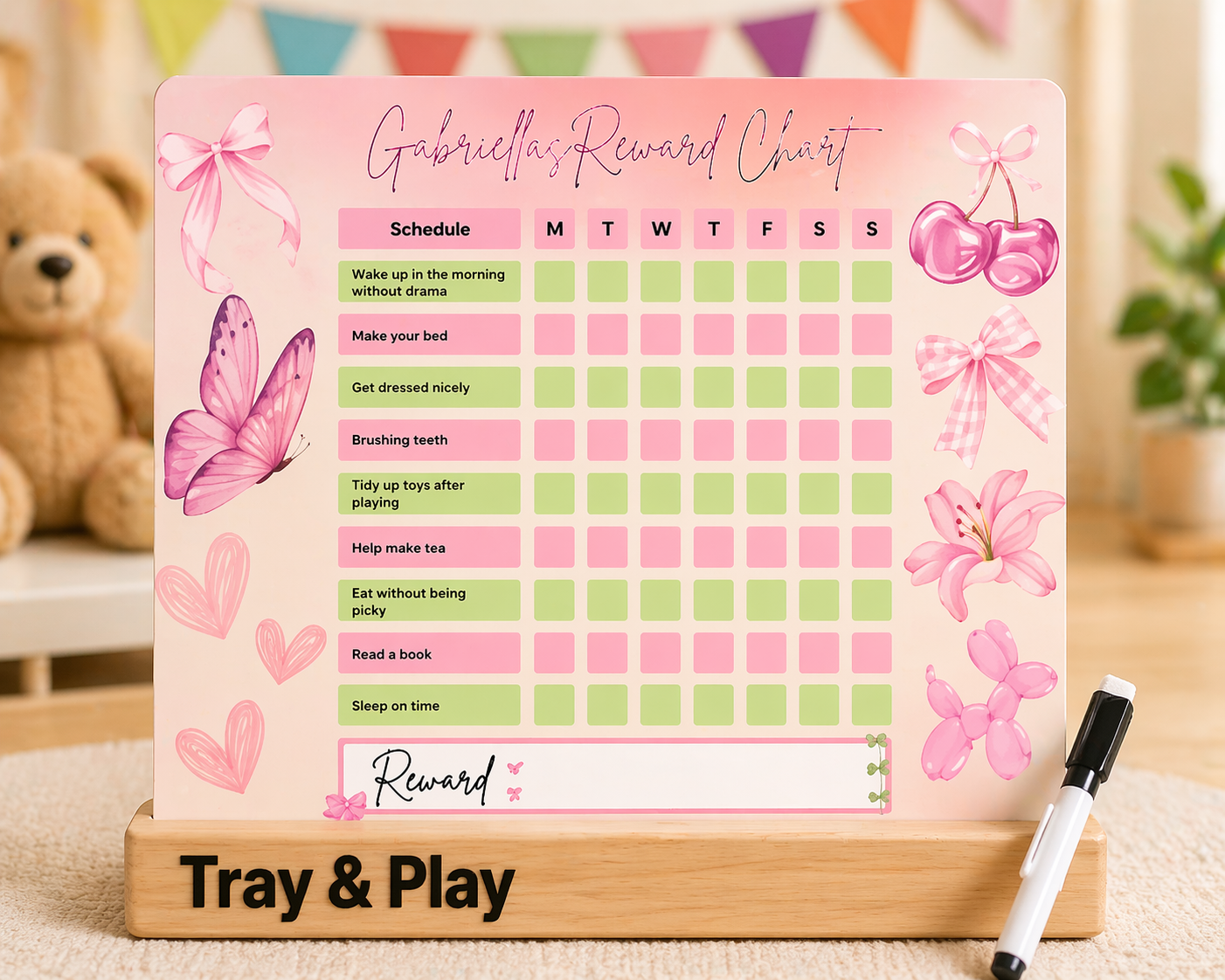 Personalised Pink Reward Chart | Reusable Behaviour & Routine Chart for Kids