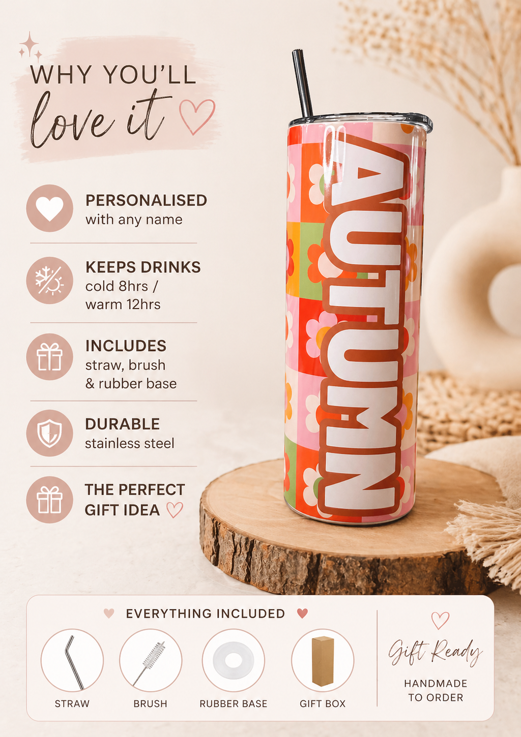 Personalised Teddy Bear Name Tumbler | 20oz Insulated Cup