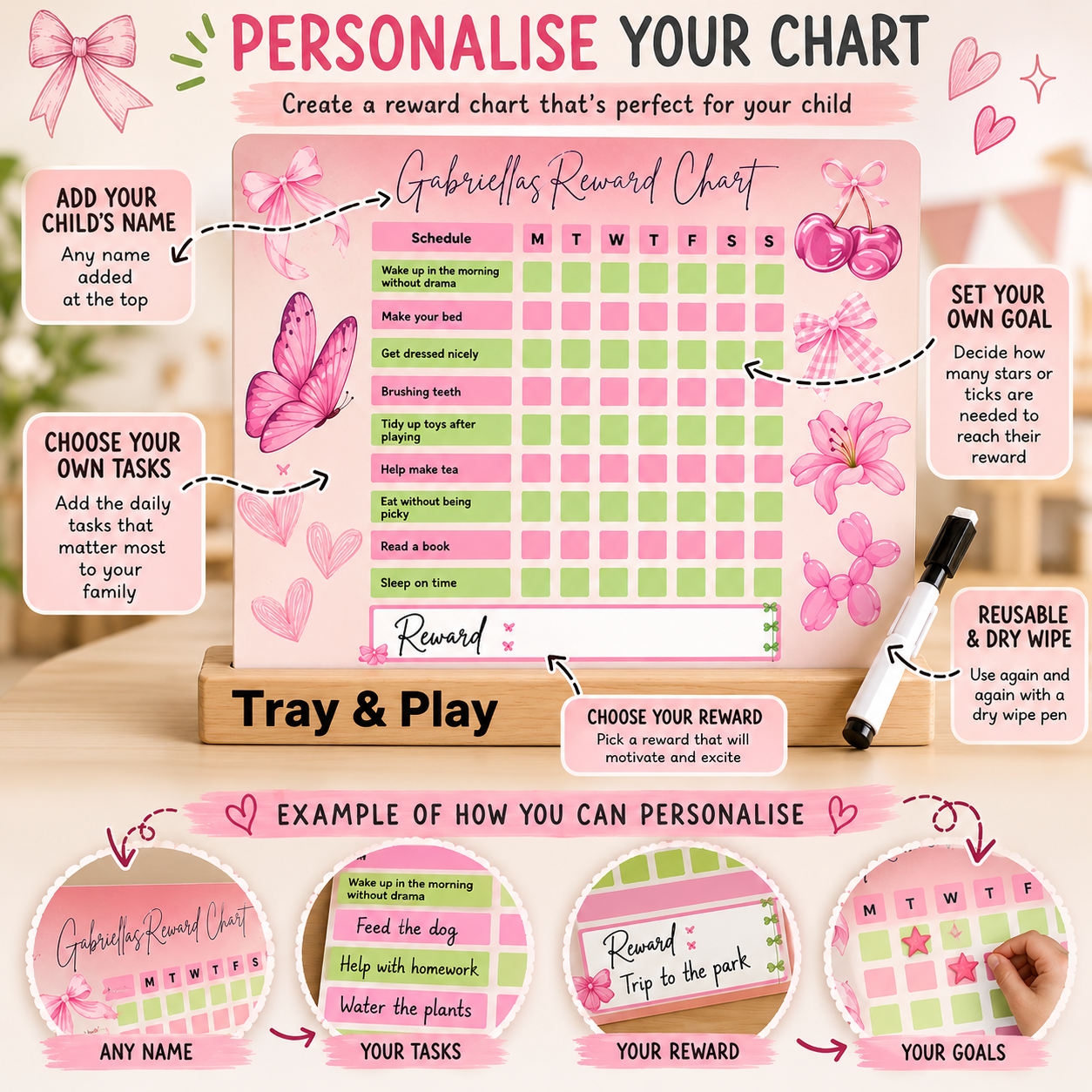 Personalised Pink Reward Chart | Reusable Behaviour & Routine Chart for Kids